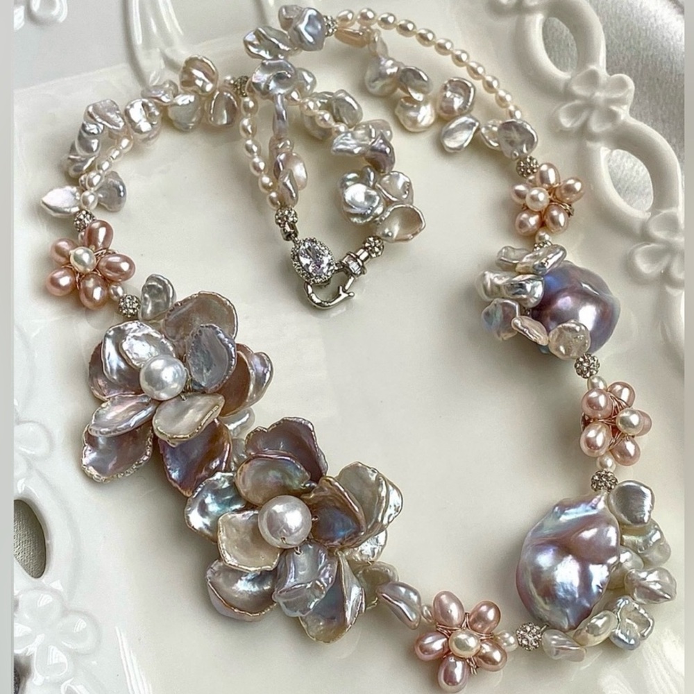 N290-Premium RARE Natural Blue Petal Pearl Blue Flameball Pearl Flower Necklace